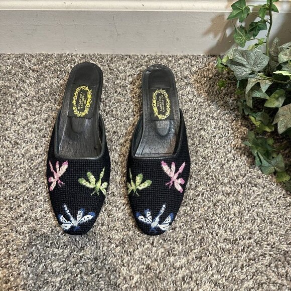 The Larkspur Collection Mule Kitten Heel Black Needlepoint Dragonflies VTG 6.5-7 - Picture 7 of 7